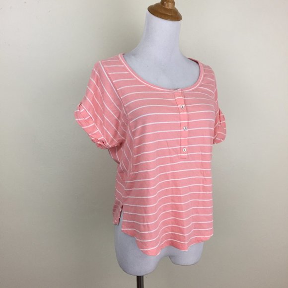 LUCKY BRAND Short Batwing Cuffed Sleeve Round Slit Hem Striped Shirt - Picture 1 of 9